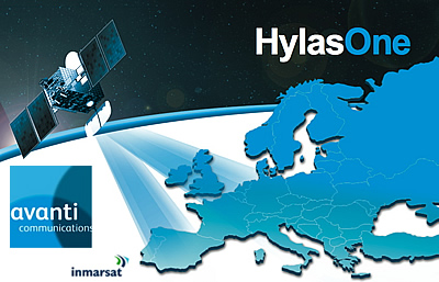 HylasOne satellite + Avanti + Inmarsat logos