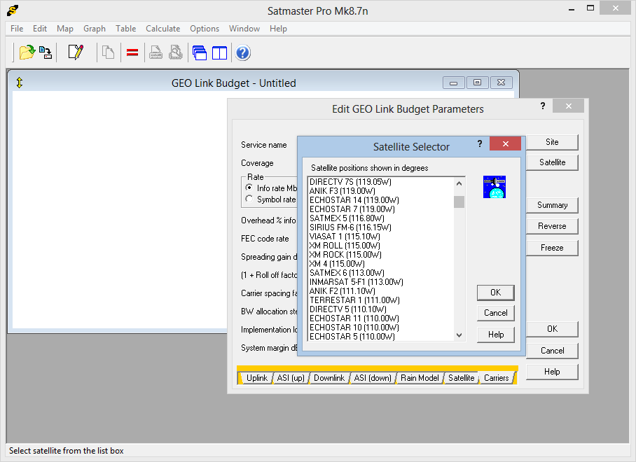 GEO Link Budget Dialogue - Satellite Selector