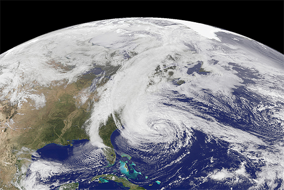 GOES-13 Image of Super Storm Sandy on 28 October 2012. Image courtesy of NASA